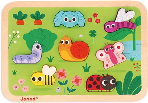 Janod Chunky Puzzel - De Tuin - 7 Dieren Puzzelstukjes In 3D Met Een Dikte Van 1,5 Cm - Geschikt Vanaf 18 Maanden