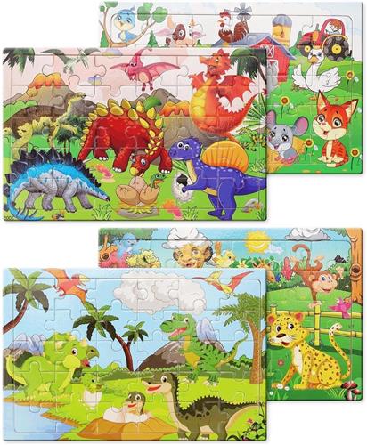 JGS Premium - Lijstpuzzel 4 stuks met dinosauruspatroon | Educatief puzzelspel voor jongens en meisjes met diverse dierenmotieven