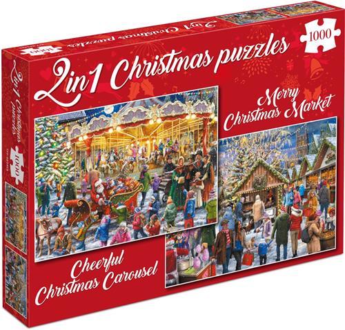 Kerstpuzzels - Merry Christmas Market + Cheerful Christmas Carousel - 2×1000 stukjes 68×49cm (b×h) - Tucker's Fun Factory Legpuzzels