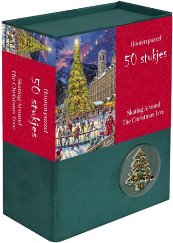 Houten kerstpuzzel - Schaatsen rond de kerstboom [Skating around the Christmas Tree] - 50 puzzelstukjes 13,5Ã—12cm (bÃ—h) - Tucker's Fun Factory - Legpuzzel
