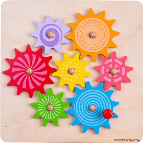 BigJigs houten tandwiel puzzel kleurrijk educatief speelgoed.