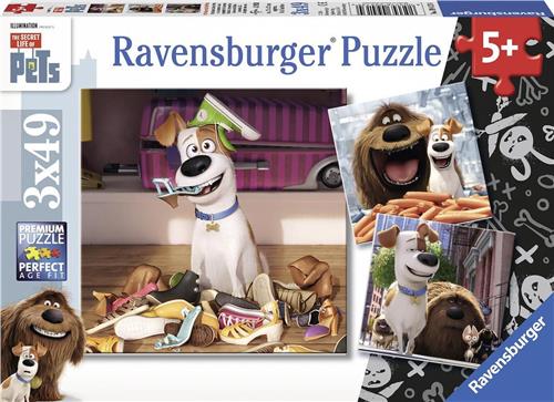 Ravensburger Secret Life of Pets. Als de kat van huis is Drie puzzels van 49 stukjes - kinderpuzzel